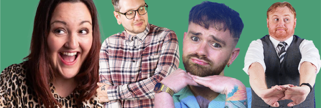 Portraits of the four comedians performing at March Comedy Club, against a green background.